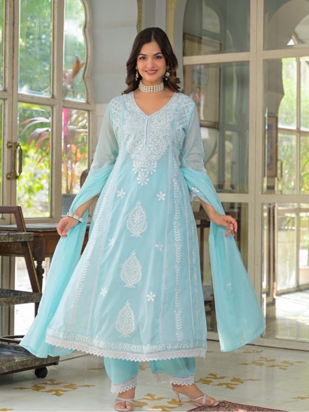 Light Blue Embroidered V-Neck Women's Dress with Dupatta